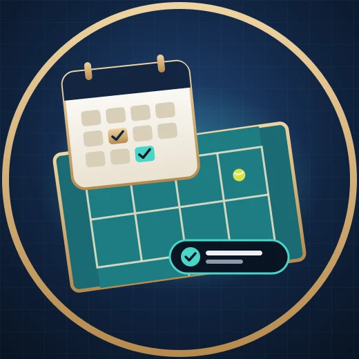 Tennis court seen from above with a calendar card and a confirmed booking slot