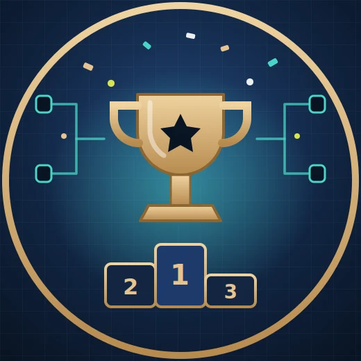 Golden trophy on a podium with a tournament bracket and confetti