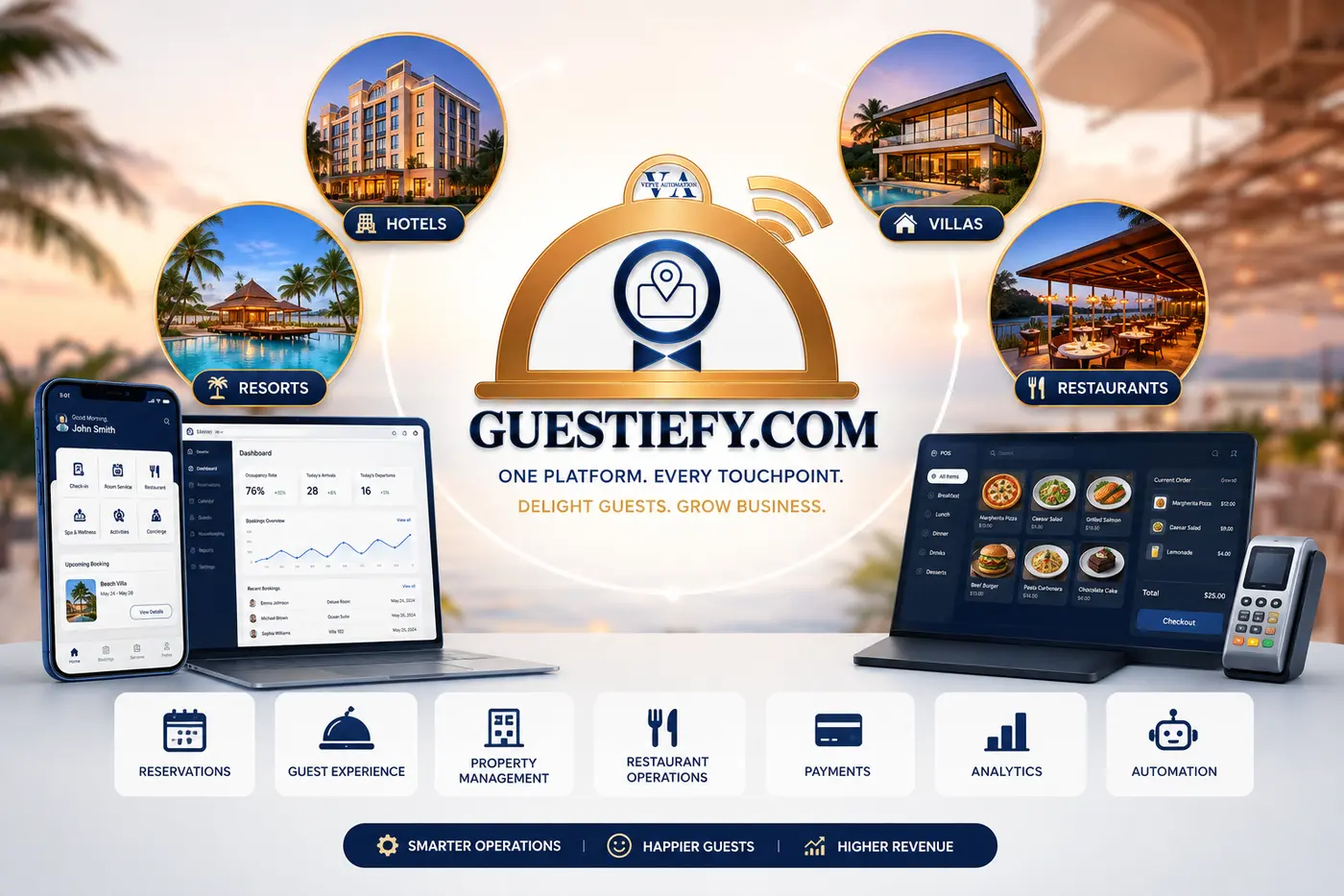 Guestiefy — one platform for hotels, resorts, villas and restaurants, shown across mobile, dashboard and POS screens