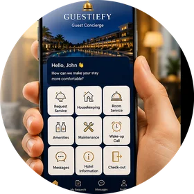 Guestiefy Guest Concierge App — request service, housekeeping, room service, amenities, maintenance and wake-up calls from a phone