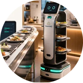 Guestiefy F&amp;B Operations — service robot delivering dishes alongside a kitchen conveyor and live order dashboard