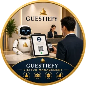 Guestiefy Visitor Management — QR check-in at reception with digital visitor records