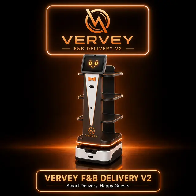 Vervey F&amp;B Delivery V2 — tuxedo-styled tray robot with three serving shelves