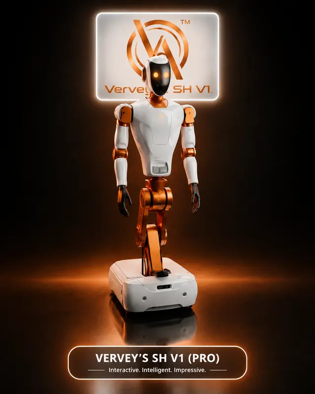 Vervey SH V1 interactive humanoid robot on a wheeled base
