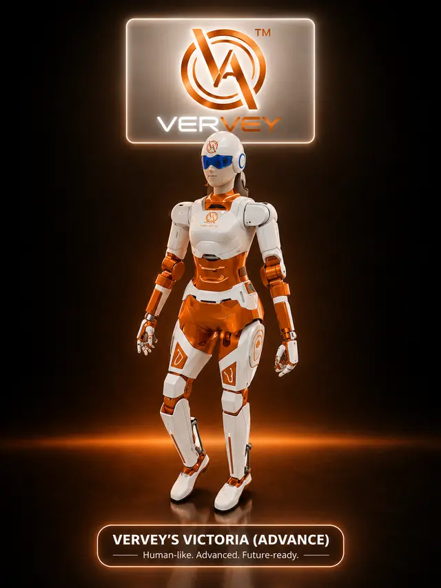 Vervey Victoria humanoid robot in white and orange