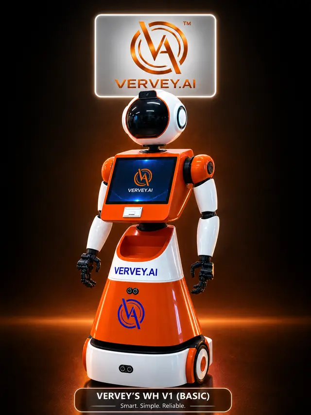 Vervey WH V1 service robot, orange and white, with a screen and carrying tray